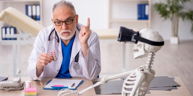 a doctor recommending supplements to a skeleton